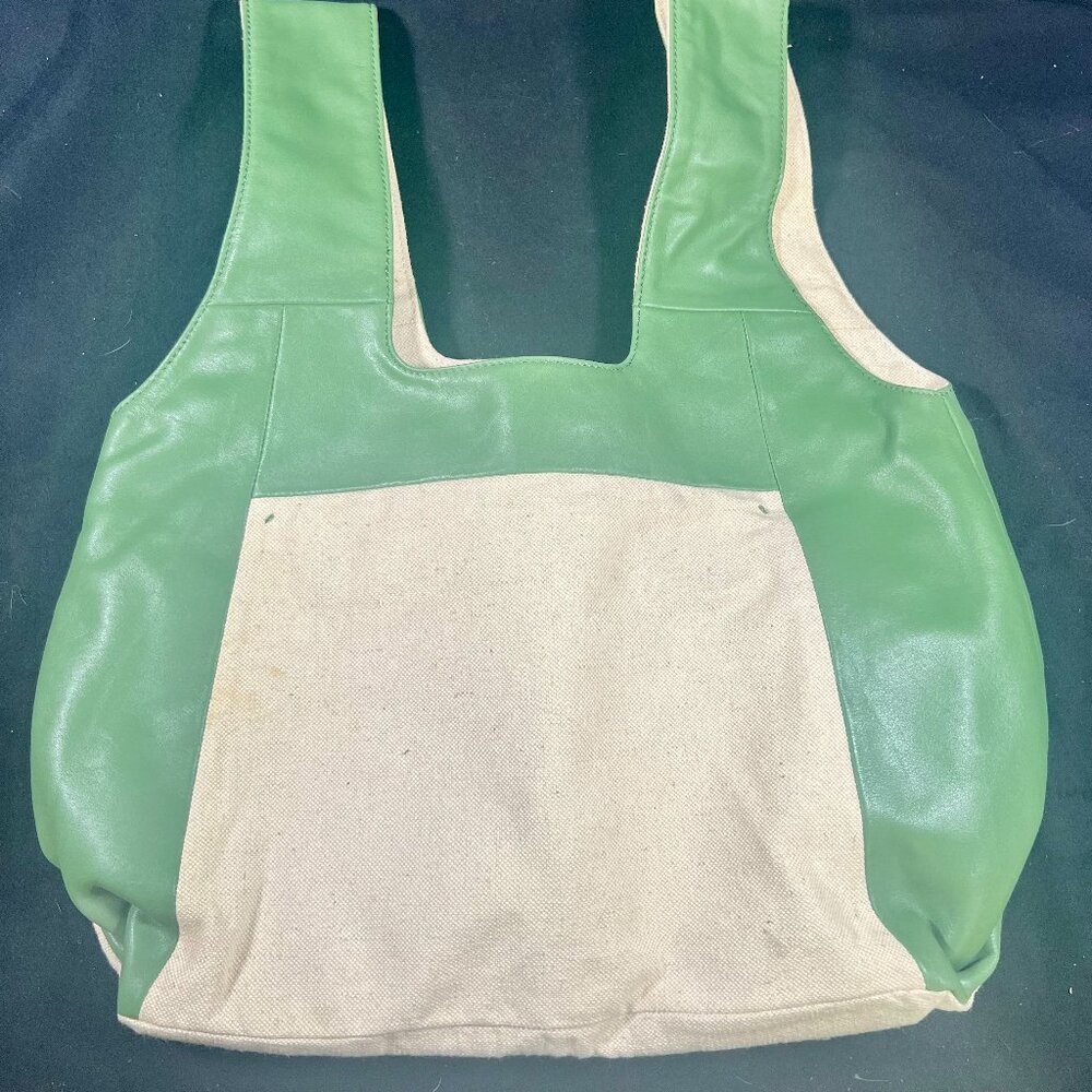 Splendid Green Leather and Natural Cotton Tote Bag - New With Tags